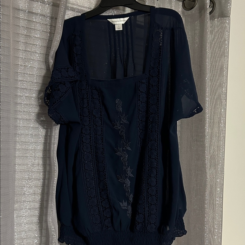 Christopher & Banks Navy Blouse with Lace Accents